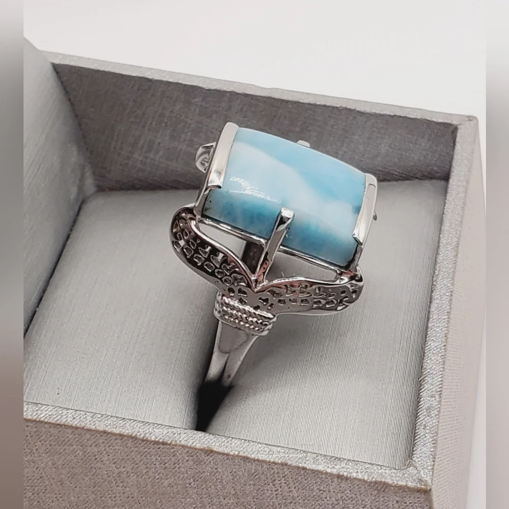 925 Sterling Silver Genuine Rectangle Blue Larimar Statement Ring